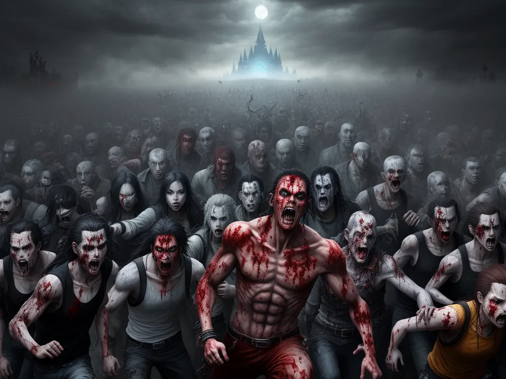 a group of zombies with blood on their bodies and faces in front of a castle with a full moon, by Anton Semenov