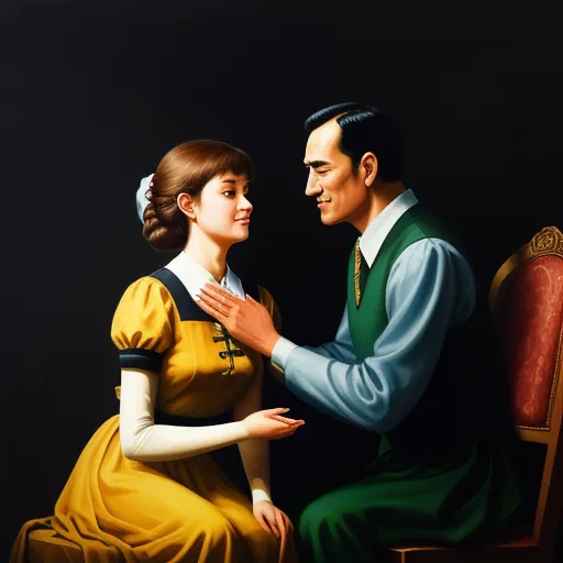 high quality photos online - a painting of a man and woman sitting next to each other on a chair together, one of them is touching the other's hand, by Liu Ye
