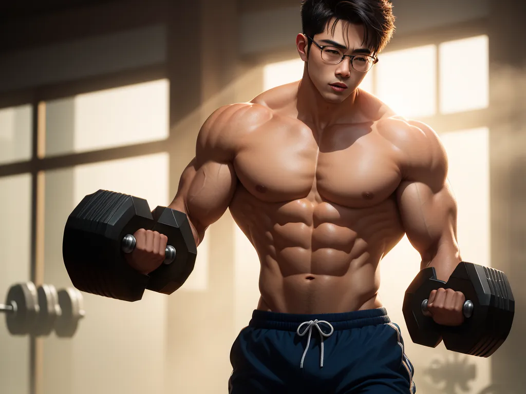 a man with a muscular body holding two dumbs in his hands and a pair of glasses on his face, by Chen Daofu