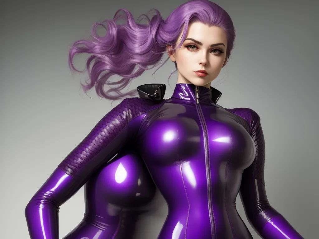 low quality images - a woman in a purple latex suit with her hair blowing in the wind and her eyes closed,, by Hirohiko Araki