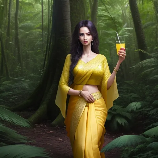 a woman in a yellow sari holding a glass of orange juice in a forest with ferns on the ground, by Raja Ravi Varma