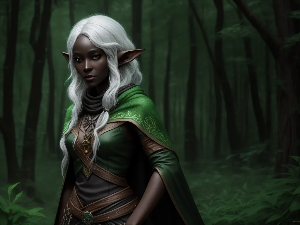 convert photo to 4k resolution - a woman in a green and black outfit standing in a forest with trees and bushes behind her, with a green cape on, by Lois van Baarle