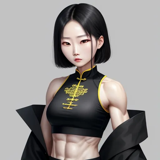 a woman in a black top and skirt with a yellow design on her chest and arms, with a black cape around her neck, by Hsiao-Ron Cheng