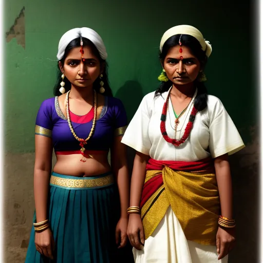 two women in traditional indian garb standing next to each other in front of a green wall with a white border, by Cindy Sherman