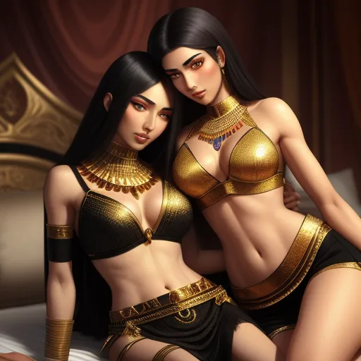 4k to 1080p converter - two women in gold and black outfits on a bed together, one of them is wearing a gold necklace, by Edmond Xavier Kapp