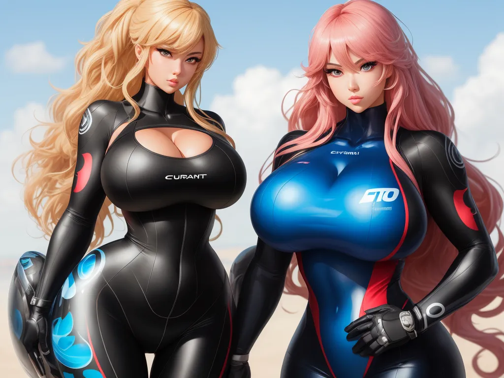 two women in black and blue body suits standing next to each other on a beach with a sky background, by Terada Katsuya