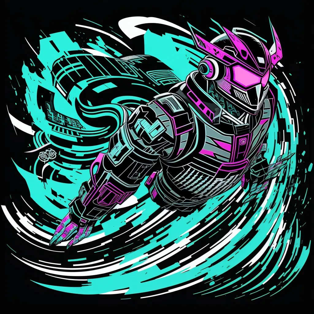 ai picture generator from text - a stylized image of a robot riding a wave of water with a helmet on and a pink helmet on, by Josan Gonzalez