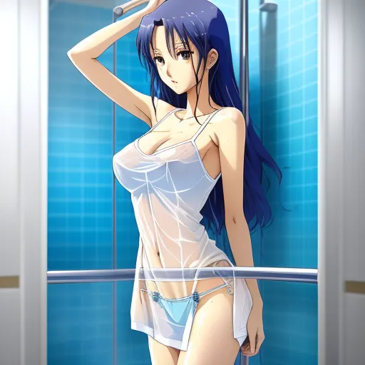 a woman in a white top and blue shorts standing in a shower stall with her hand on her head, by Toei Animations