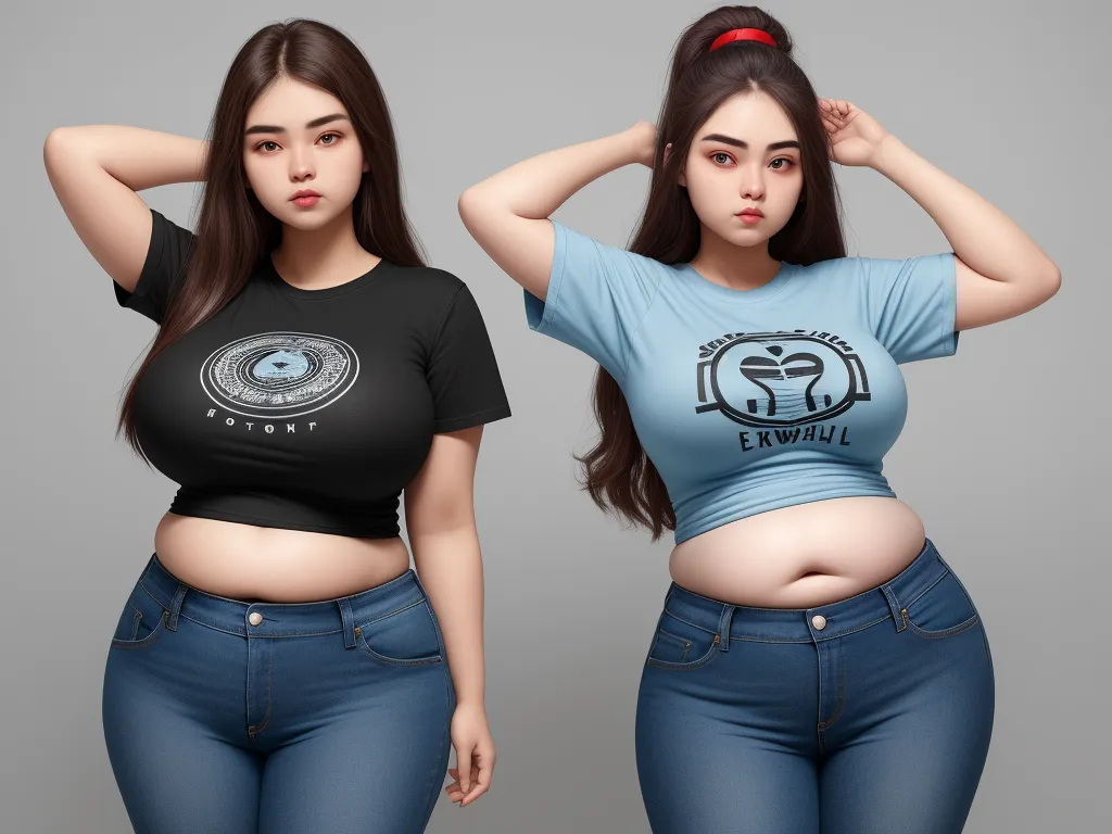 4k picture resolution converter - two women in jeans and a t - shirt with a logo on it, both of them are standing, by Terada Katsuya