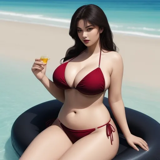 make picture 1080p - a woman in a bikini sitting on a raft on the beach with a drink in her hand and a slice of fruit in her hand, by Terada Katsuya