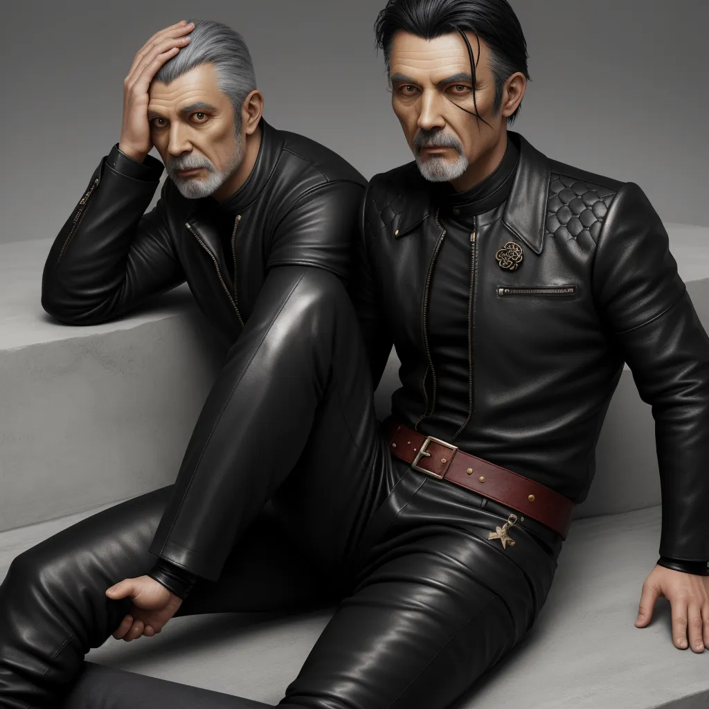 a man in a black leather outfit sitting next to another man in a black leather suit and tie, both of them are looking at the same direction, by Terada Katsuya