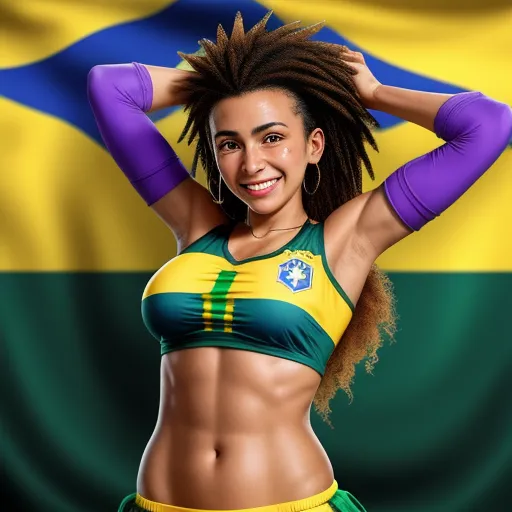 a woman with dreadlocks is posing for a picture in front of a flag of brazil, with a dreadlock on her head, by Edmond Xavier Kapp