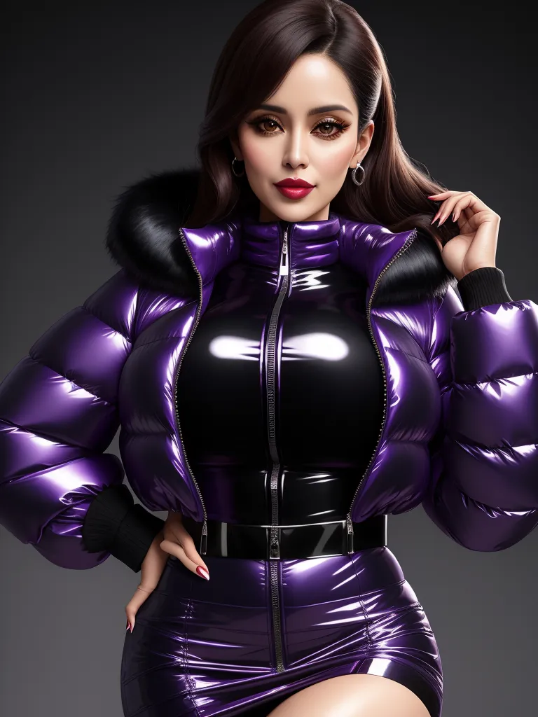 free online upscaler - a woman in a shiny purple outfit posing for a picture with her hands on her hips and her jacket on, by Hirohiko Araki
