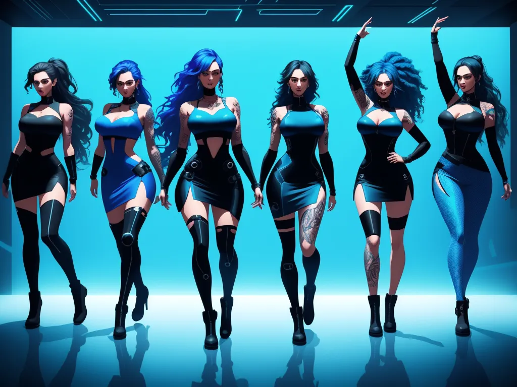 a group of women in black and blue outfits walking down a runway with their arms in the air and their legs in the air, by Lois van Baarle