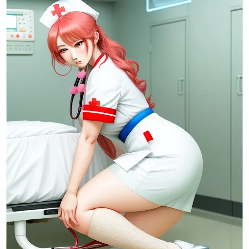 a nurse kneeling down next to a bed in a hospital room with a stethoscope on her knee, by Terada Katsuya