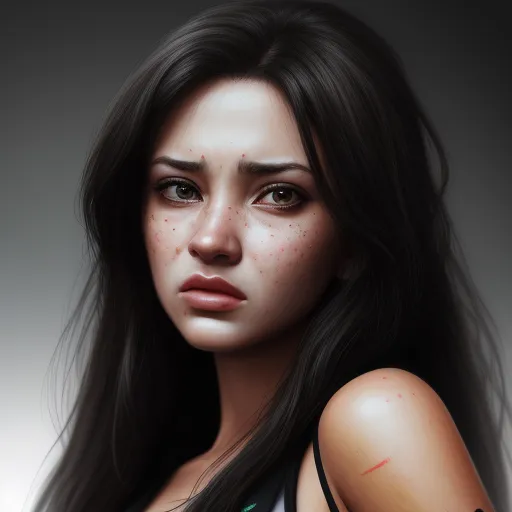 a digital painting of a woman with freckles on her face and shoulder, with a freckle on her arm, by Lois van Baarle