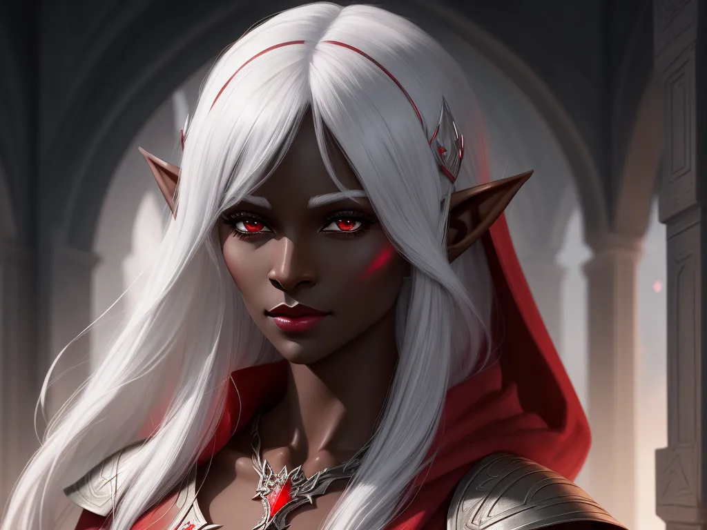 free text to image generator - a woman with white hair and red eyes wearing a red cape and a red hoodie with horns and a red collar, by Daniela Uhlig