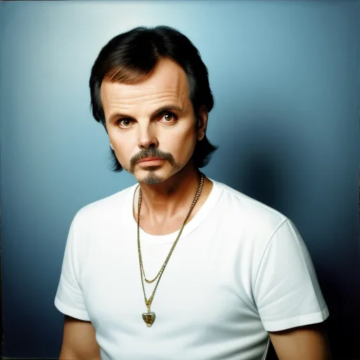 a man with a mustache and a white shirt on posing for a picture with a blue background and a necklace on his neck, by Heinz Edelmann