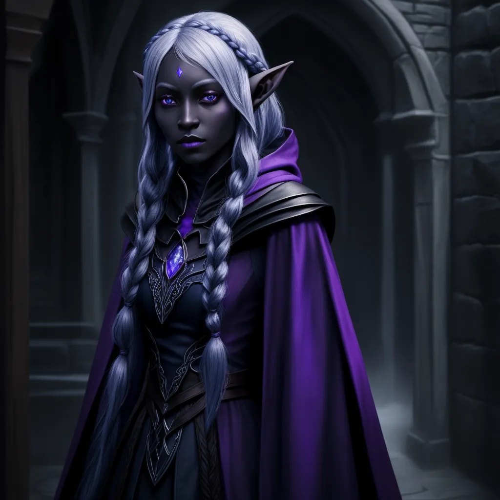 a woman dressed in a purple outfit and a purple cape with horns and braids stands in a dark alley, by Lois van Baarle