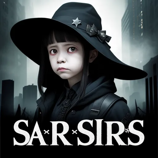 a young girl wearing a black hat and coat with a black background and the words sars on it, by Terada Katsuya