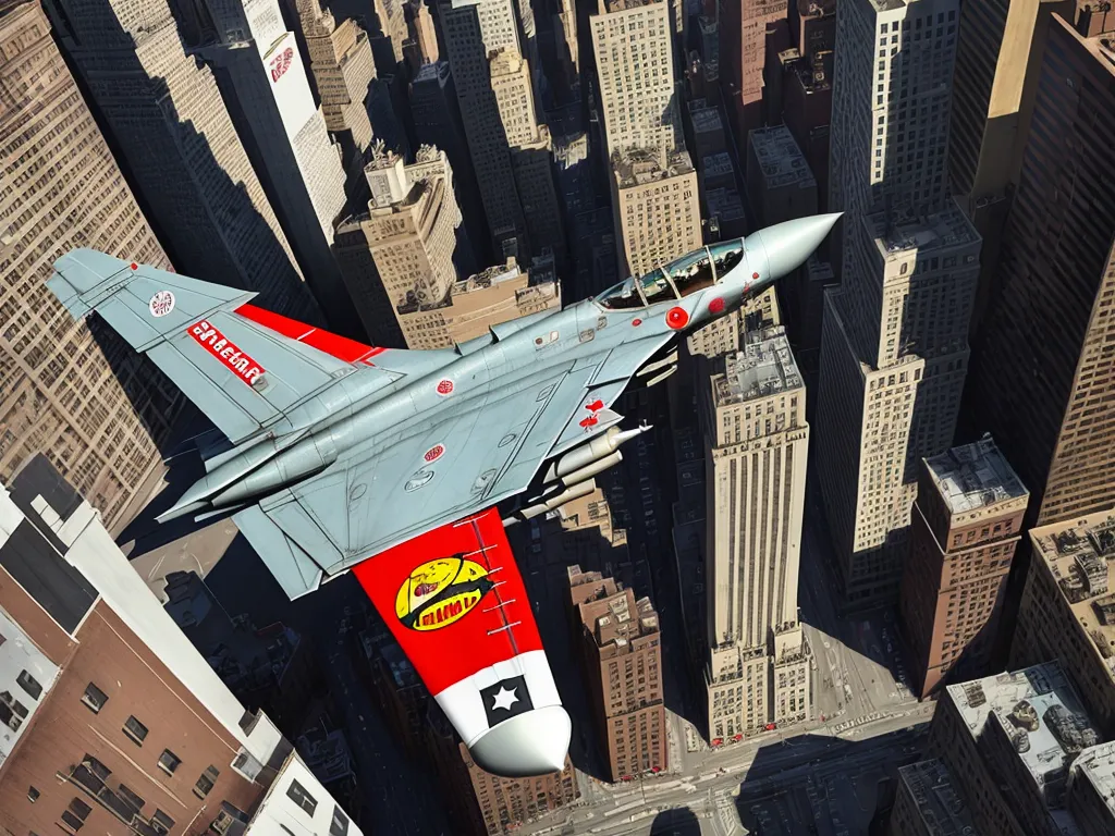 a fighter jet flying over a city in the air with buildings in the background and a red and white sign on the side of the plane, by Yoshiyuki Tomino