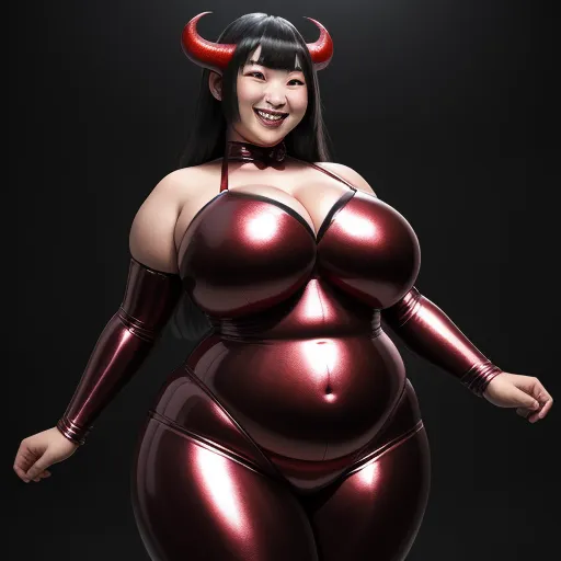 photo coverter - a woman in a red latex outfit with horns on her head and a smile on her face, standing in a dark room, by Terada Katsuya