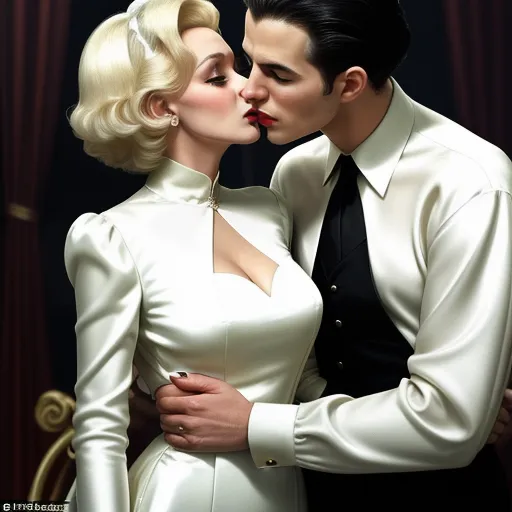 free hd online - a man and woman kissing each other in a painting style of a man in a suit and tie and a woman in a white dress, by Jamie Baldridge