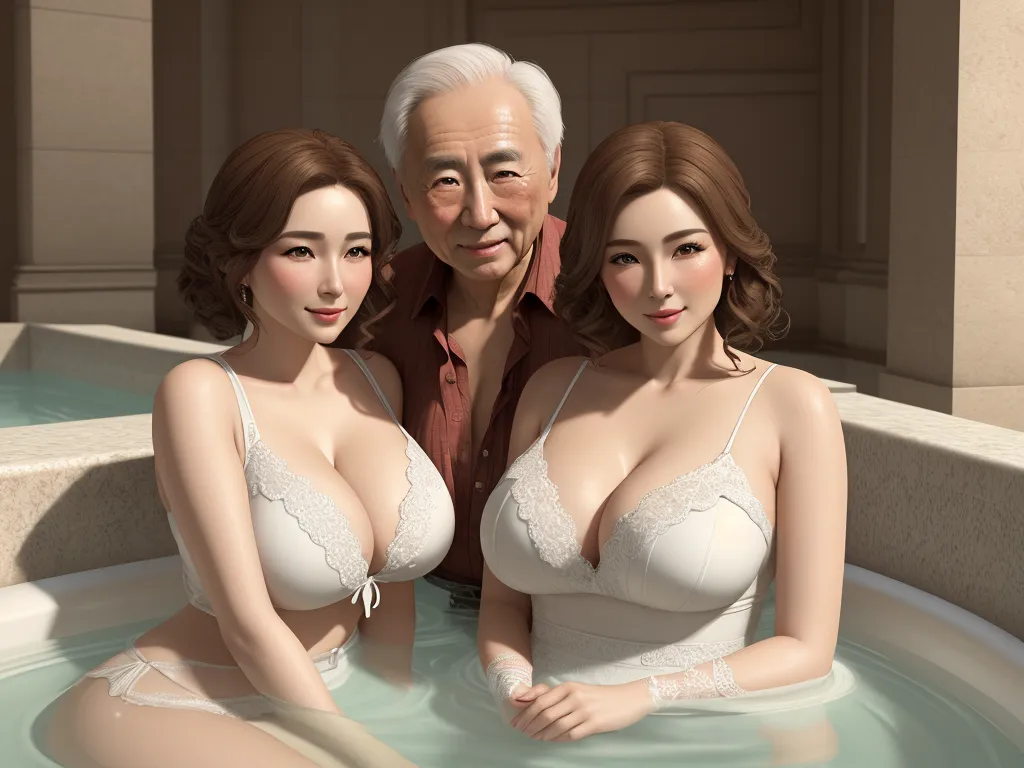 a couple of women in a bath tub with a man standing next to them and a woman in a bra, by Terada Katsuya
