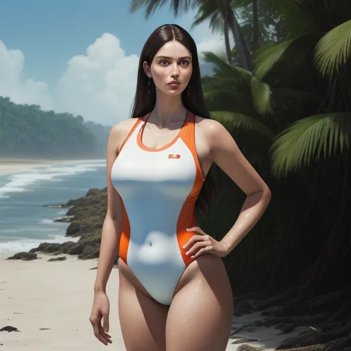 a woman in a swimsuit standing on a beach near the ocean with palm trees in the background and a blue sky, by Kent Monkman