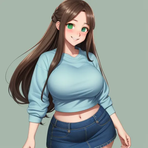 ai image genorator - a girl with long hair and green eyes is standing in a blue shirt and jeans skirt, with her hands on her hips, by Gyoshū Hayami