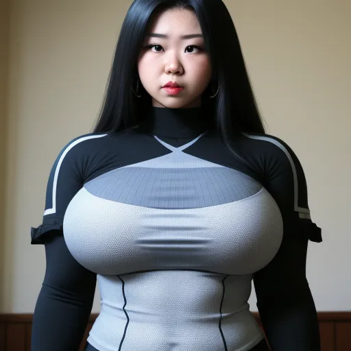 a woman with a very large breast wearing a black and white top and black pants and a black and white belt, by Terada Katsuya