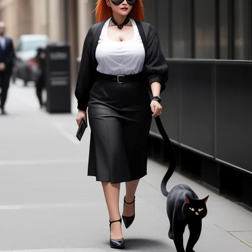 ai image generator from text - a woman walking a cat down a street with a black cat on a leash behind her back and a man walking a black cat behind her, by Fernando Botero