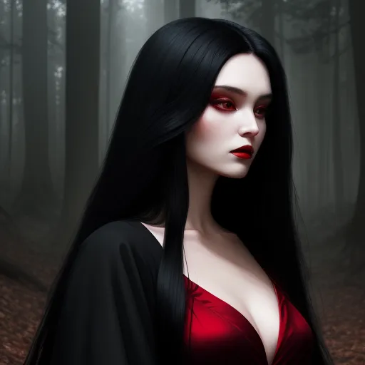 ai website that creates images - a woman with long black hair and red lipstick in a forest with trees and leaves on the ground, wearing a red dress, by Daniela Uhlig