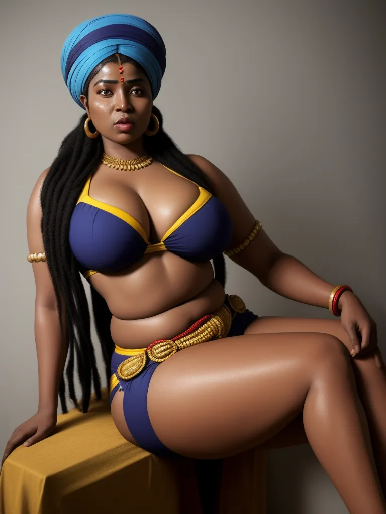 high resolution - a woman in a blue and yellow outfit sitting on a suitcase with a big breast and a headband, by Zanele Muholi