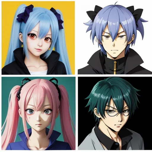 low quality images - four anime characters with different colored hair styles and hair styles, all wearing black and blue hair, and one with pink hair, by Toei Animations