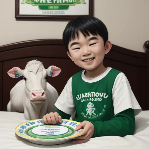 a young boy holding a plate with a cow on it in front of him on a bed with a wooden headboard, by Liu Ye