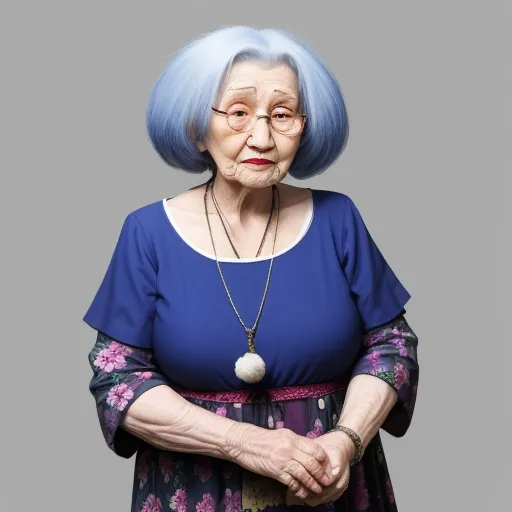 highest resolution image - an older woman with blue hair and glasses is posing for a picture with her hands folded out in front of her face, by Takashi Murakami