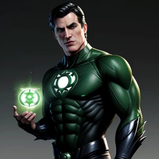 4k quality picture converter - a man in a green lantern costume holding a glowing orb in his hand and looking at the camera with a serious look on his face, by François Quesnel