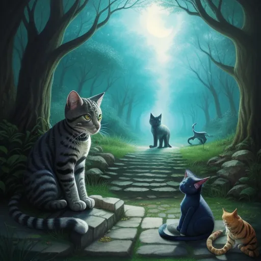 4k photo converter free - a painting of cats sitting on a stone path in a forest with a cat looking at another cat sitting on the ground, by Louis Wain