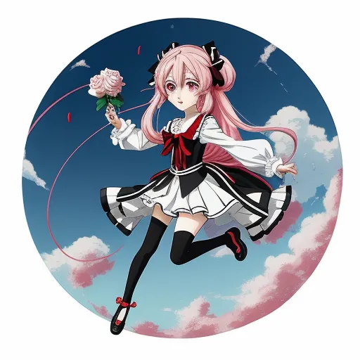 4k converter photo - a girl in a dress holding a rose in her hand and flying through the air with a pink rose in her hand, by Hanabusa Itchō