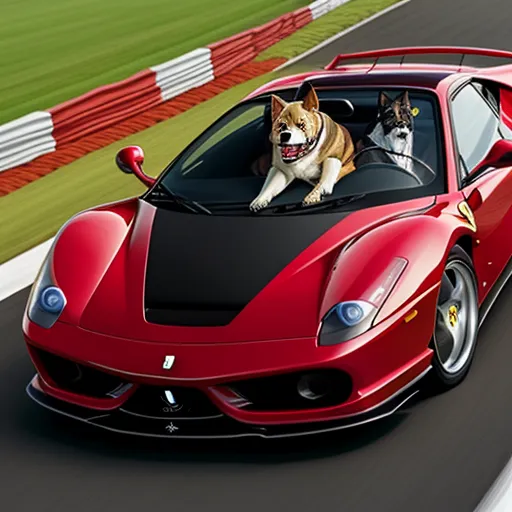 a dog is sitting in the drivers seat of a red sports car on a race track with a dog sitting in the front seat, by Hendrik van Steenwijk I