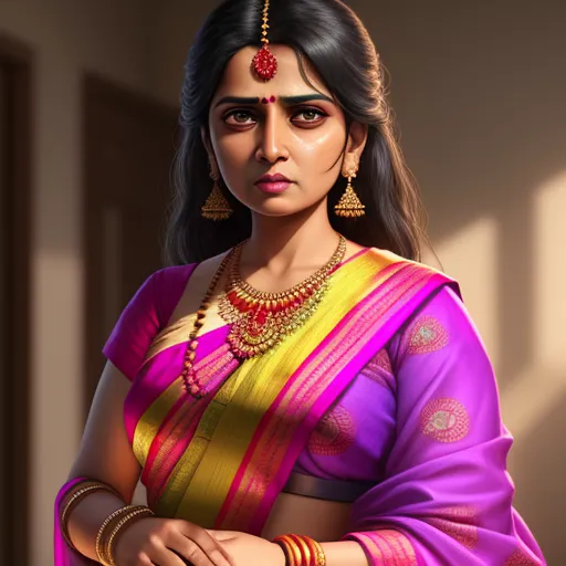 ai-generated images from text - a woman in a purple and yellow sari with a necklace and earrings on her neck and a red and yellow necklace on her neck, by Raja Ravi Varma