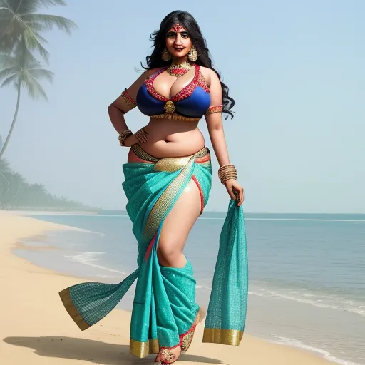 image sharpener - a woman in a bikini and sari walking on the beach with a blue sari on her belly, by Raja Ravi Varma