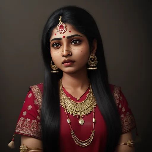 text to image ai generator - a woman with a nose ring and a necklace on her neck and a nose ring on her head, wearing a red blouse and gold jewelry, by Raja Ravi Varma