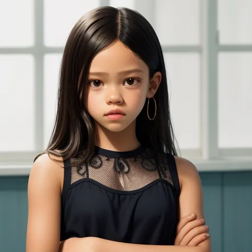 a little girl with her arms crossed and looking at the camera with a serious look on her face, wearing a black top, by Terada Katsuya