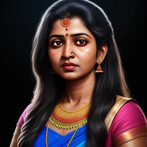 ai image upscaling - a woman in a blue and pink sari with a gold necklace and earrings on her neck and a black background, by Raja Ravi Varma