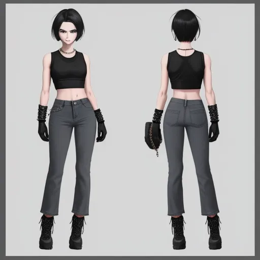a woman in black top and grey pants with gloves on her head and a black top with a black top, by Sailor Moon