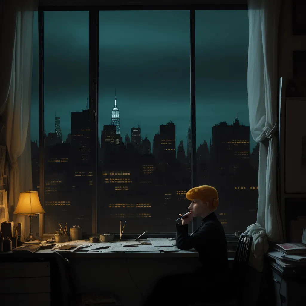 a man sitting at a desk in front of a window with a view of the city at night time, by Lois van Baarle