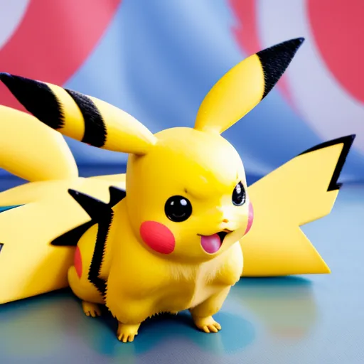 a toy pikachu is sitting on a table with a blue background and a red and white circle, by Ken Sugimori