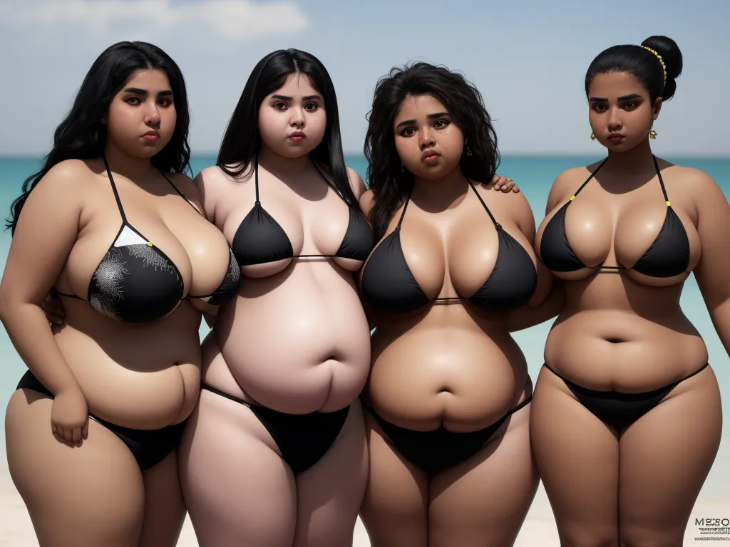 word to image generator - three women in bikinis standing on the beach with their butts open and one woman in a bikini, by Botero